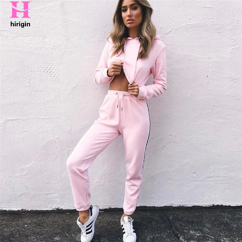 HIRIGIN Spring Autumn 2Pcs Women Ladies Tracksuit Crop Hoodies