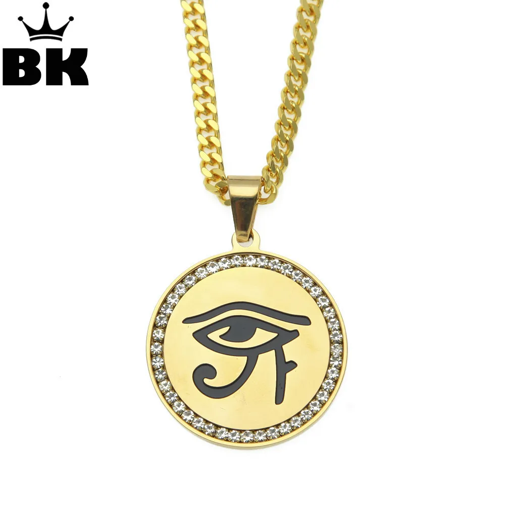 

Stainless Steel Round Pendant The eyes of Horus Charming Necklace Micro Paved Rhinestone With Free Cuban chain Drop Shipping