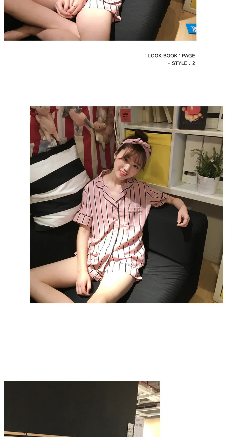 Летняя Пижама 2019 новые модные женские пижамы Turn-Down Воротник пижамы комплект из двух предметов шорты полосатый Повседневный пижамный