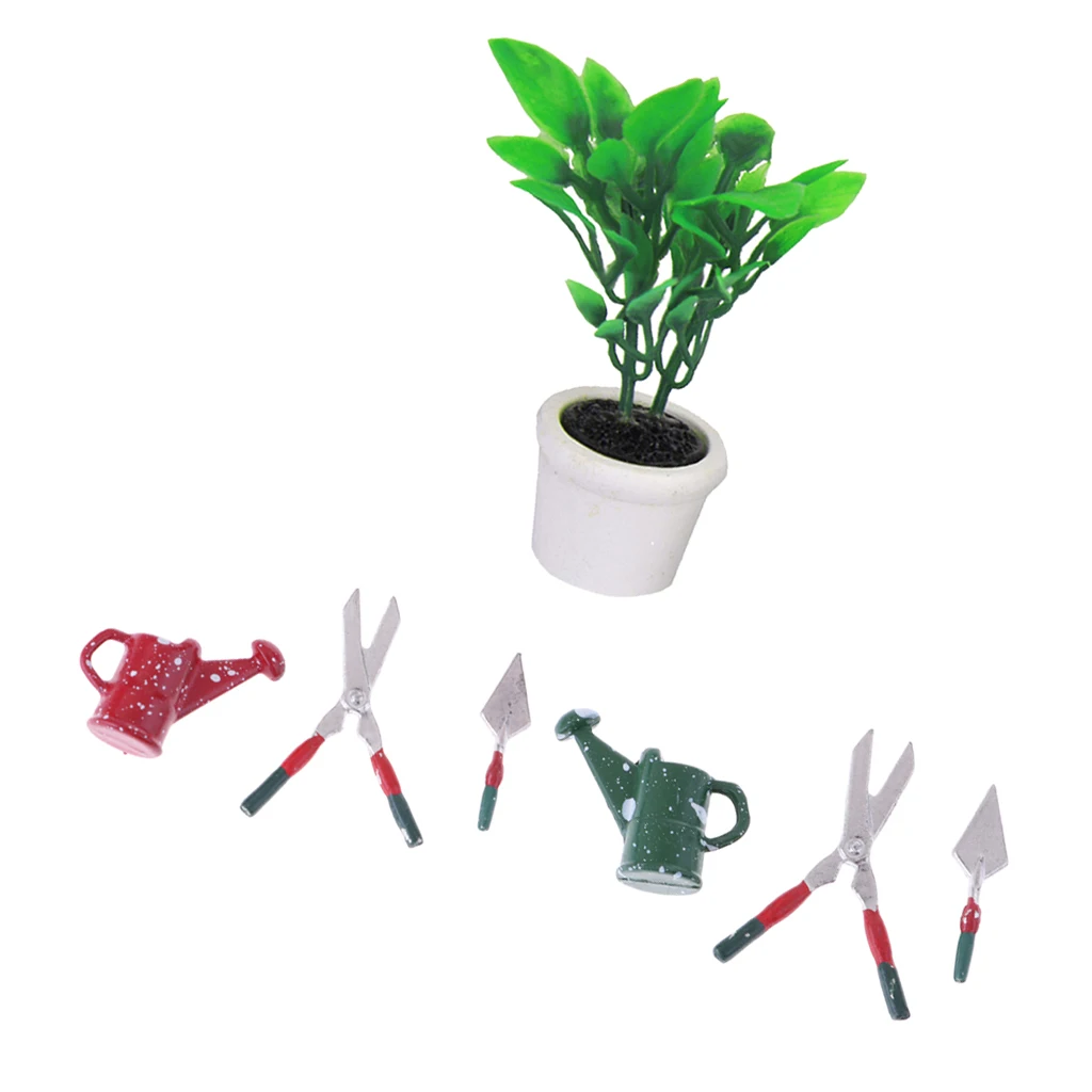 7pcs plant suits Toy 1/12 Dollhouse Miniature Accessories Gardening Tools Kit and Green Potted Plant Scissors Set for dollhouse