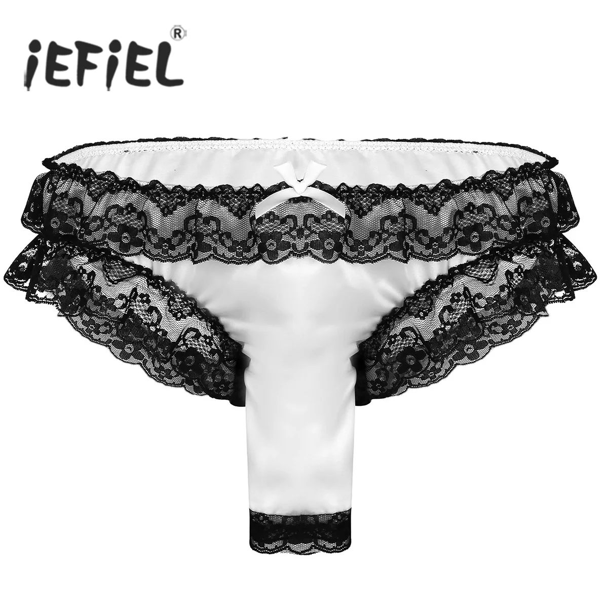 

Mens Lingerie Underwear Soft Shiny Satin Lace High Cut Frilly Sexy Briefs Underwear Gay Sissy Panties for Male with Open Sheath