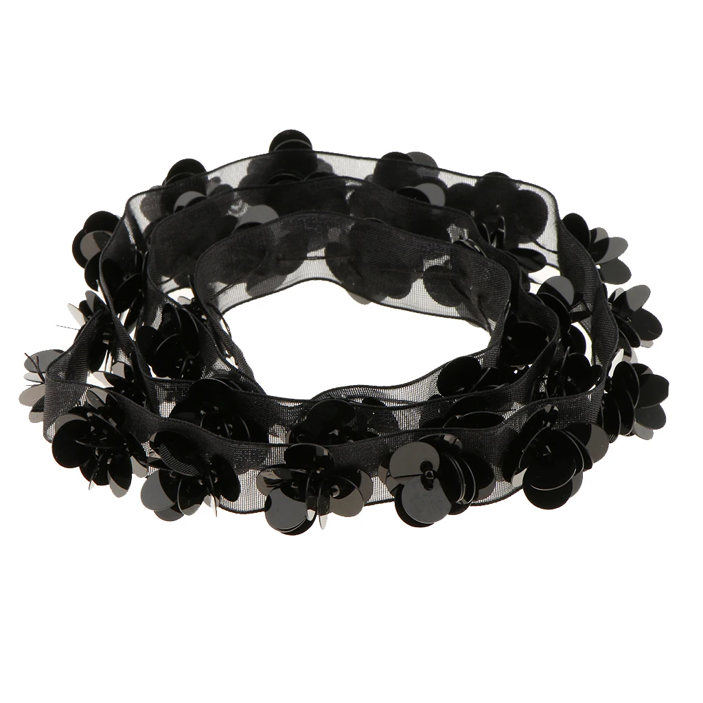 1 Yard 15mm Black Sequins Flower Beaded Lace Trim Ribbon Vintage Mesh Fabric Paillette DIY Sewing Apparel Wedding Decoration