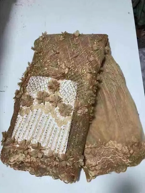 French Net beads 3D Flower Lace Fabrics High Quality African Tulle Sequins Wedding Nigeria lace gold green | Дом и сад