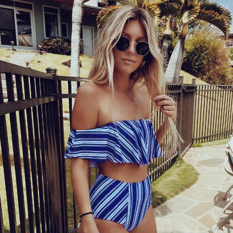 

2019 Sexy Bikini Set High Waist Swimwear Women Striped Biquini Ruffled Swim Bathing Suit White Blue Swimsuit Vintage Bikinis