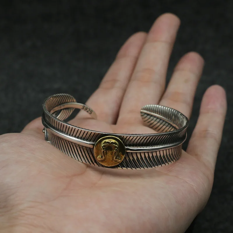 

Starfield S925 Sterling Silver Retro Thai Silver Leaf Feather Takahashi Goro Horseshoe Open Ended Bangle Silver Men Women