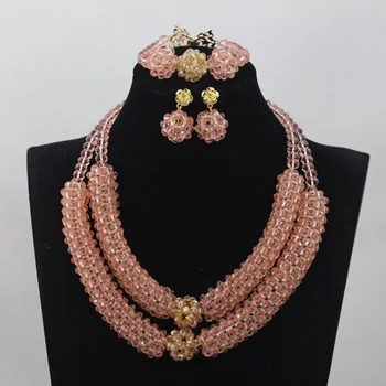

Beautiful Baby Pink Choker Crystal Pendant Necklace Set African Beads Jewelry Set Wedding Gift Set Free Shipping QW667