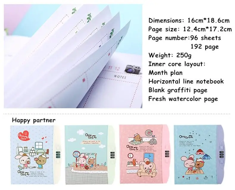 Kawaii Cute Cartoon Hardcover еженедельник записная книжка с замком и паролем дневник