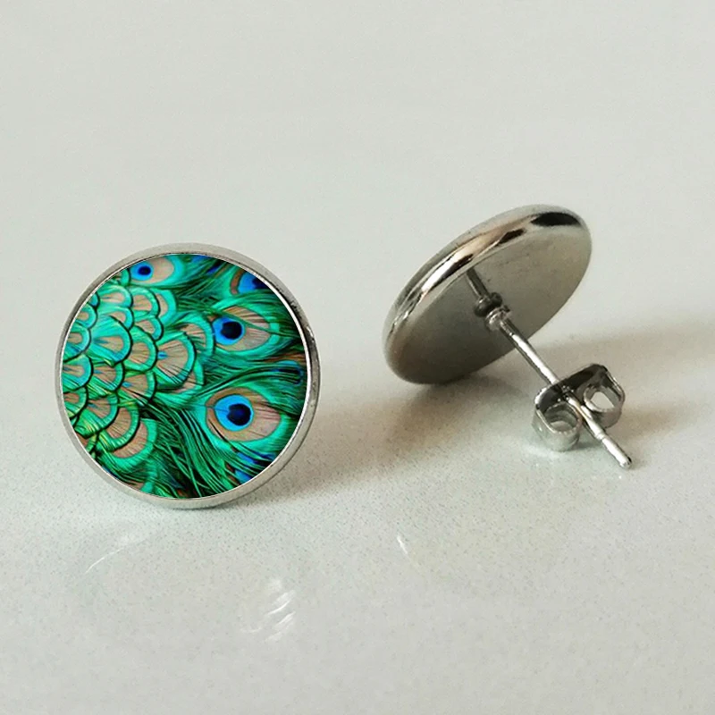 

Peacock feather earrings, handmade peacock earrings retro round green jewelry art custom feather jewelry