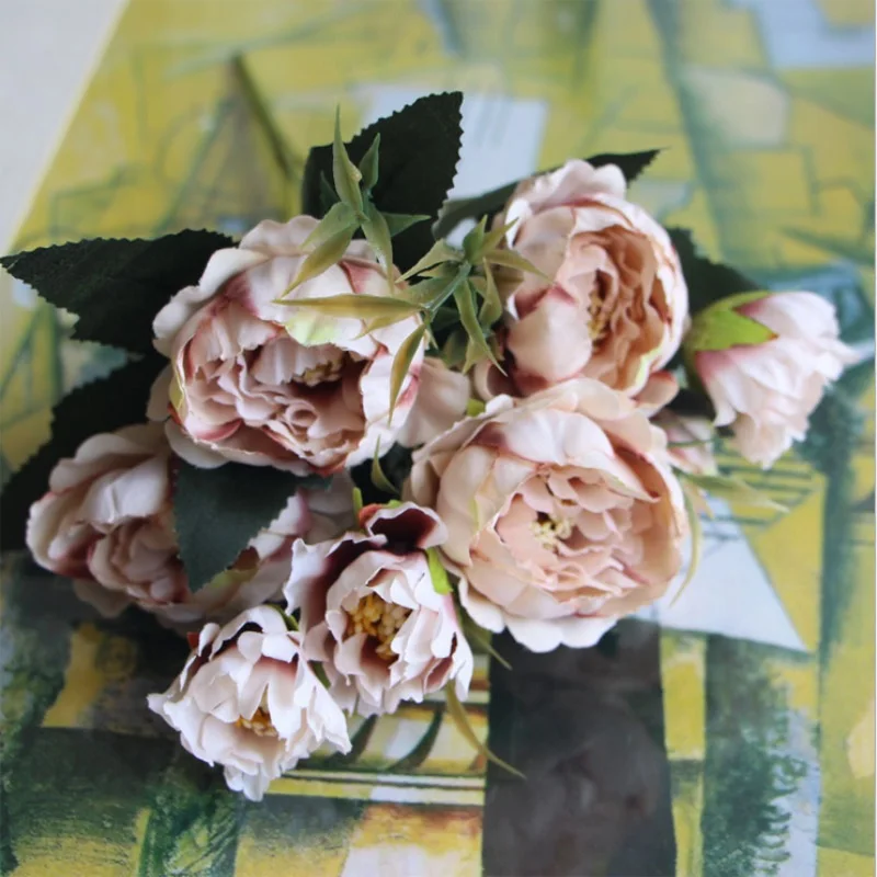 Дешевый искусственный Шелковый цветок Европейский 1 букет винтажный Шелковый цветок осень яркий пион Искусственный лист Свадебные вечерние украшения для дома - Цвет: Light pink