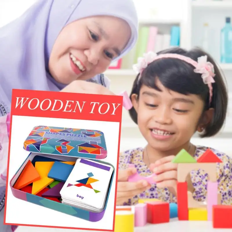 1 коробка, раннее образование, головоломка, игрушка, 50 шт., графический дизайн, деревянная головоломка, переменная, Tangram, пазлы, игрушки для детей, двухсторонние узоры