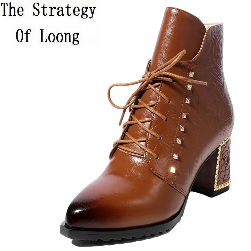 Women Square Toe Real Leather Lace Up Mix Color Short Boots Spring ...