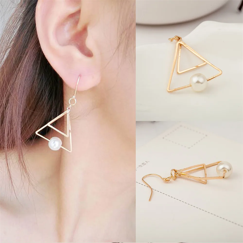 SexeMara 2018 Simple Dangle Earings Fashion Jewelry Double Triangle Pearl Earring Brincos For Women Gold Perle Boucles D'oreille |