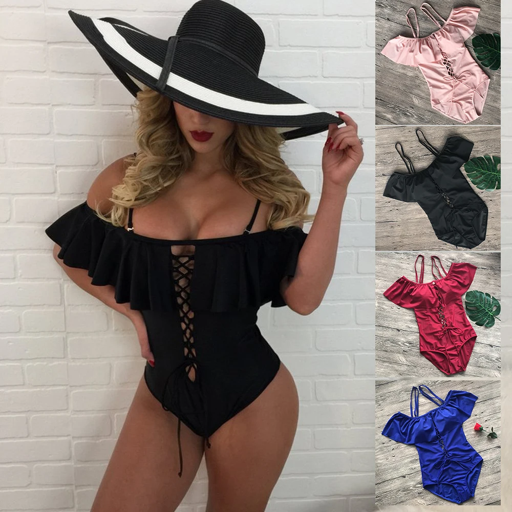 

SELCHIAN 2019 New Sexy Off The Shoulder Solid Swimwear Women One Piece Swimsuit Female Bathing Suit Ruffle Monokini Swim Wear