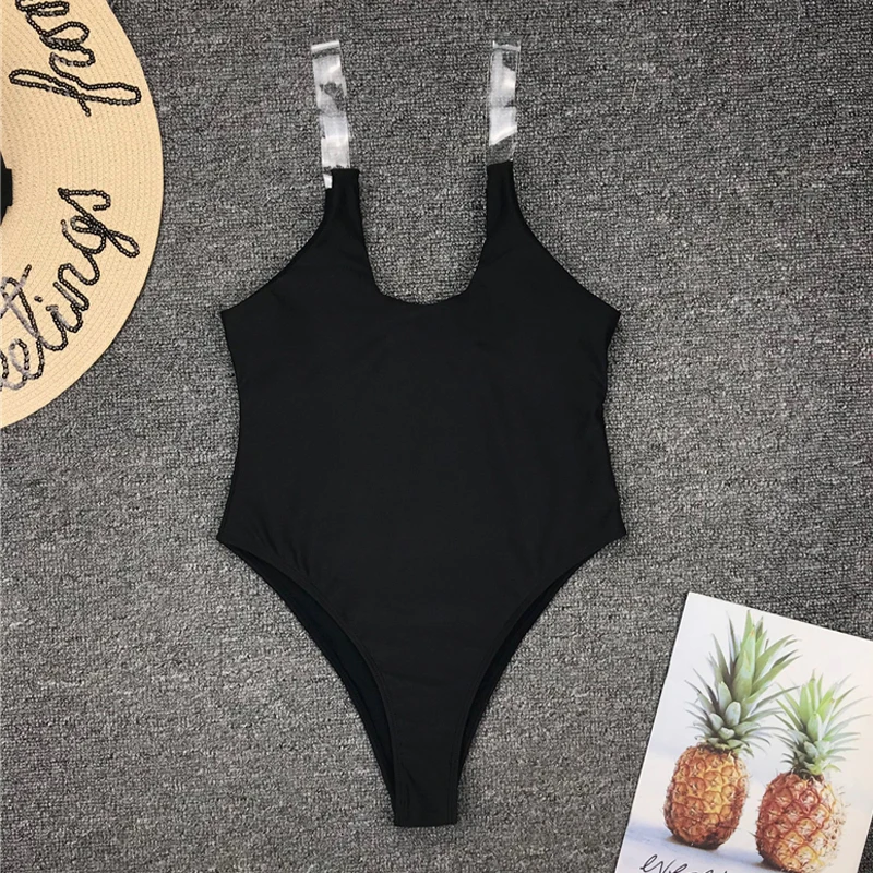 

Sexy transparent Shoulder Strap One Pieces Swimsuit 2019 Summer Women Push UP Beachwear Female Slim Black Bathing suit Monokini