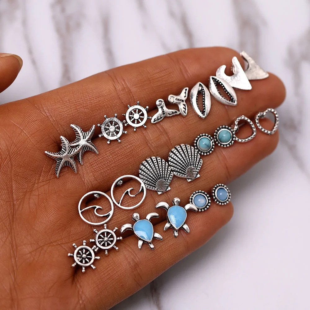 

12 Pair/Set Bohemian Starfish Wave Turtle Shell Stud Earrings Set For Women Vintage Rudder Heart Round Earring Statement Jewelry