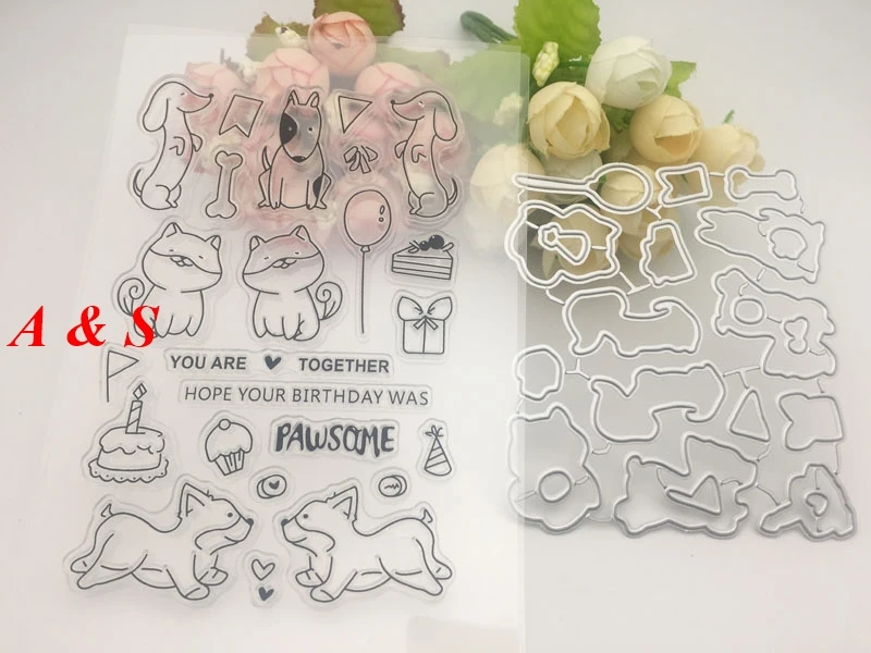 

D60 Happy Birthday Dog Cat Metal Cutting Dies or Transparent Clear Stamp for Scrapbooking DIY Paper Decoration