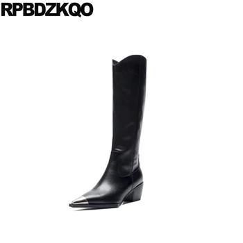 

pointed toe fur metal shoes chunky brand women winter boots genuine leather wide calf high quality slip on real black knee long