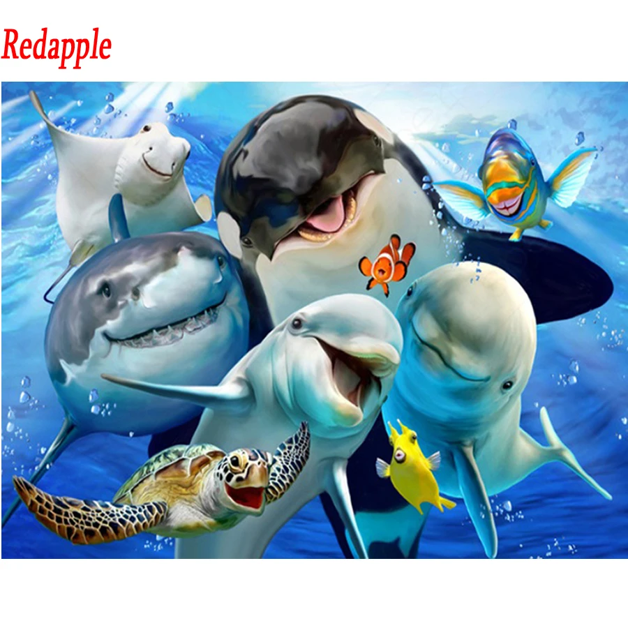 Diamond Painting Full Square Round Daimond Dolphins Turtle Mosaic Rhinestone Embroidery Underwater World animals | Дом и сад