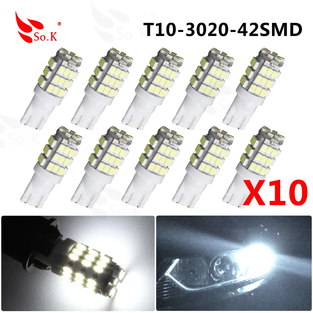 

10pcs/lot T10 LED W5W 168 194 42 SMD 1206 3020 LED Bulbs For Auto Car Interior Clearance Lights Door Dome Lights Cold White Lamp
