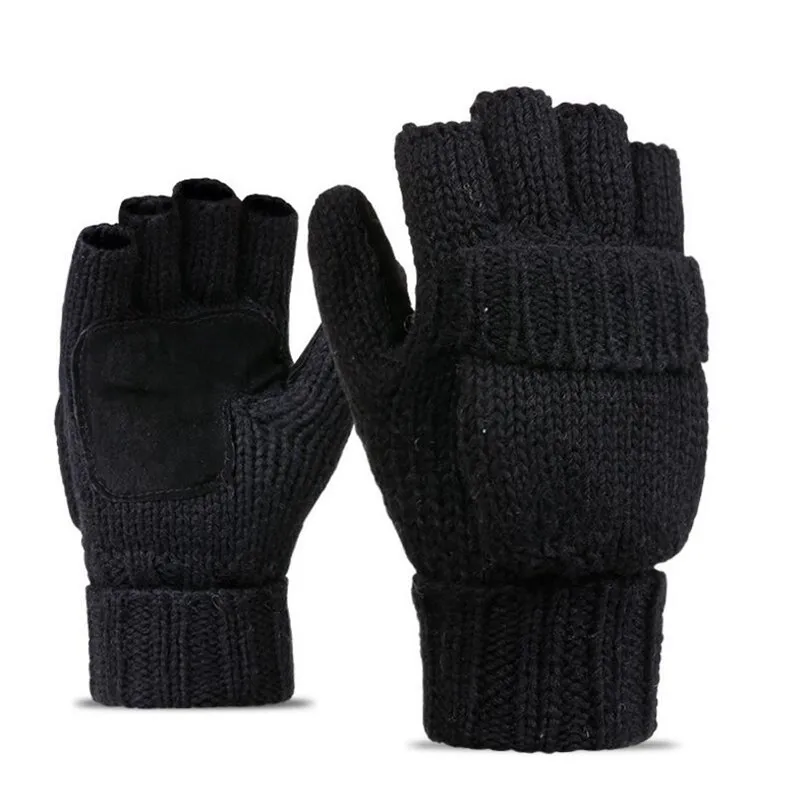 VISNXGI рабочие Толстые мужские перчатки без пальцев для мужчин и женщин шерстяные зимние теплые открытые перчатки вязаные теплые перчатки на половину пальцев - Цвет: G144 Black