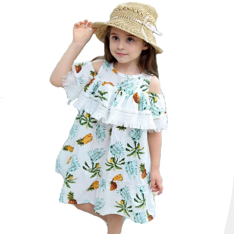 

Children Girl Holiday Clothing Vocation Sleeveless Dress Pineapple Fruits Cotton Summer Flower Dress For 2-11 Year Girl