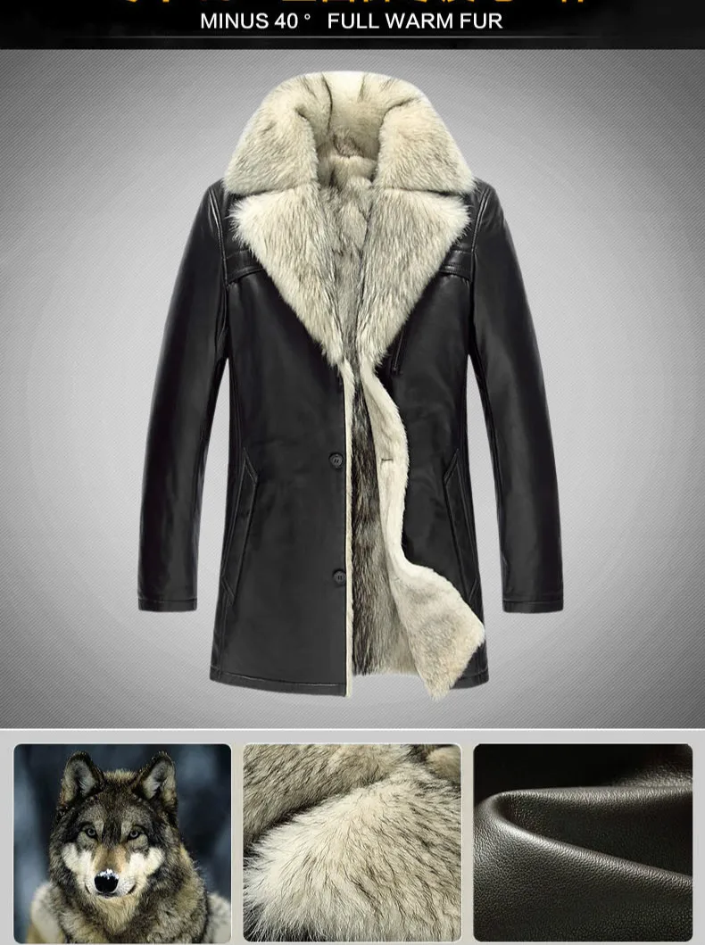 AYUNSUE зимние из натуральной кожи куртка Для мужчин реальный волк Мех Лайнер длинные Дубленка для Для мужчин плюс Размеры теплые кожаные