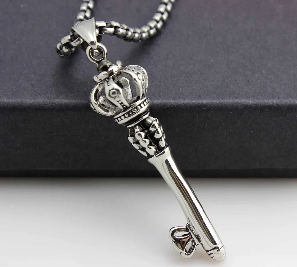 316L Stainless Steel Crown Key Pendant Necklace Mens Biker Rock Jewelry gift Pn252in Pendant