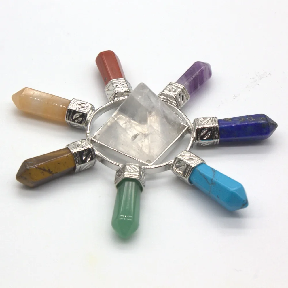 

Trendy-beads Unique Silver Plated Natural Rock Crystal Pyramid With 7 Color Stone Healing Chakra Pendant Fashion Jewelry