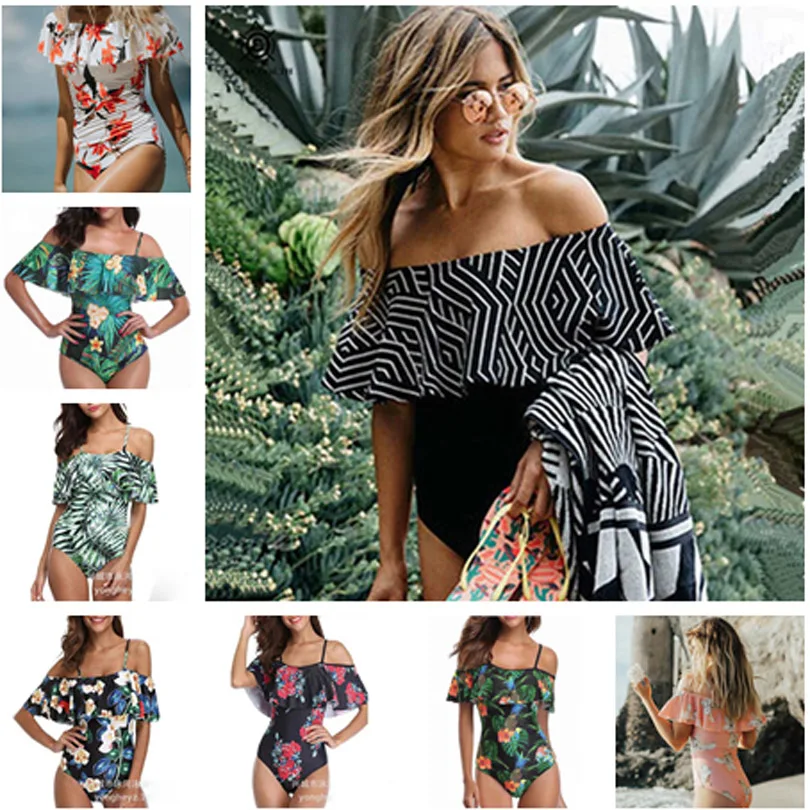 

Sexy Bikini High Waist Swimsuit Ruffle Swimwear Women Striped Biquini Swim Bathing Suit Off Shoulder Swimwear Bikini