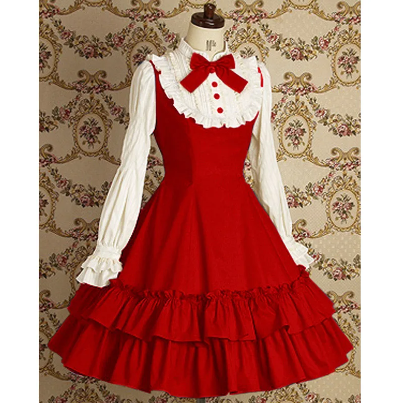 Черное милое платье лолиты с длинным рукавом и бантом для Хэллоуина, черное готическое платье, костюмы для дам - Цвет: Red