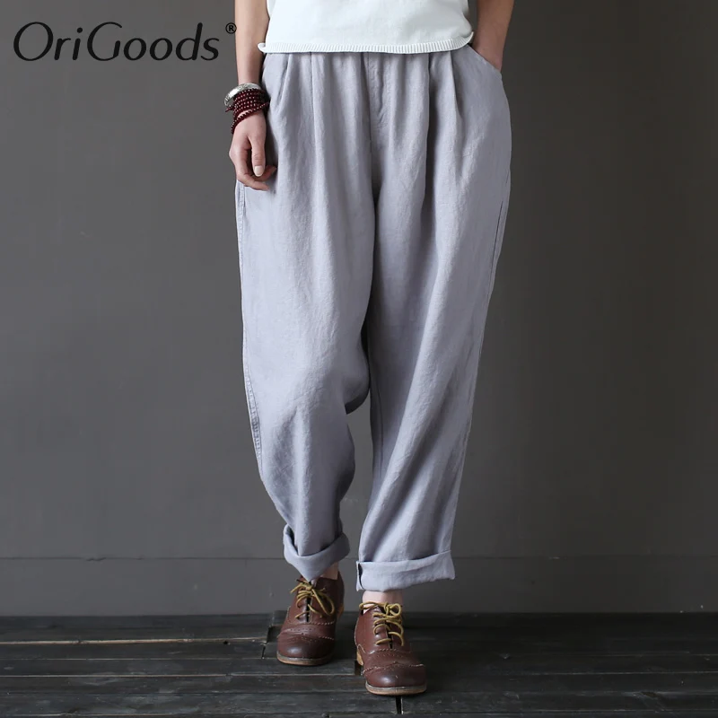 

OriGoods 100% Linen Women Harem Pants Elastic waist Casual Summer Pants High quality Plus size Linen Harem Trousers Pants A045