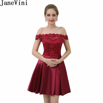 

JaneVini Burgundy Bridemaid Dresses Short Off Shoulder Women Wedding Party Dress 2018 Lace Satin Boat Neck Juniors Formal Gowns