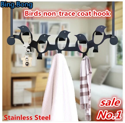 

Free Shipping Birds Stainless Steel hanging behind the door hook bathroom door hanging type from nail non-trace coat hook hanger