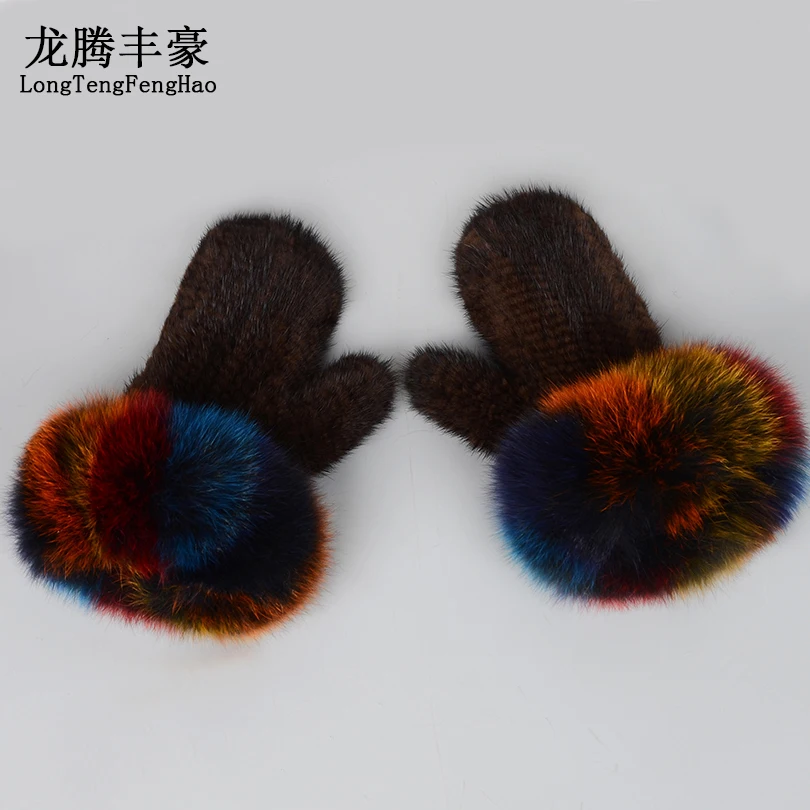 

Mink Fur Gloves Women Gloves & mittens Real Fur Gloves With Fox Fur Pom Poms Warm fingerless gloves winter female Mittens ladies