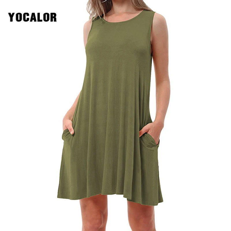 

2019 Summer Sundress Solid Color With Pocket Vest Tank Loose Women Casual Skater Dress Dresses Female For Fat Plus Big Size Robe