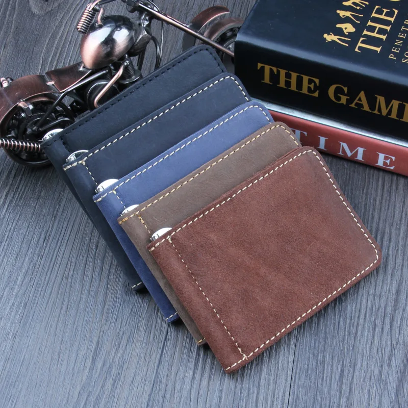 cowhide Genuine Leather Quality Men Money Clip Black Billfold Clamp For Money With Card Hold
