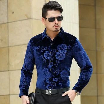 

Men's Dress Shirt Long Sleeve Male floral Printed Casual Velvet Fashion Formal Men Shirts For Man Slim Masculina Camisa