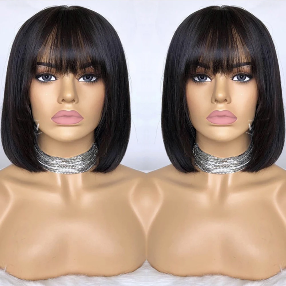 

Eversilky 13x6 Lace Front Human Hair Wigs With Bangs Baby Hair Fringe Wig Brazilian Remy Pre Plucked Short Bob Wig Full End