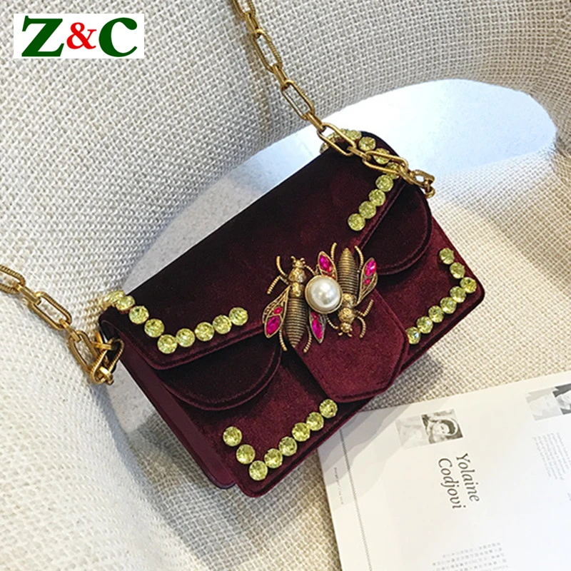 

Famous Bags Women Designer Bee Lock Rivet Diamond Chain Shoulder Bag Handbag Velvet Luxury Totes Brands Crossbody Bags Black Red