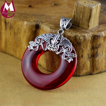 

Vintage Coin Hollow Pattern Heart Retro Plant Leaves Round Big Gem Red Garnet Pendant 990 Sterling Thai Silver Necklace Women