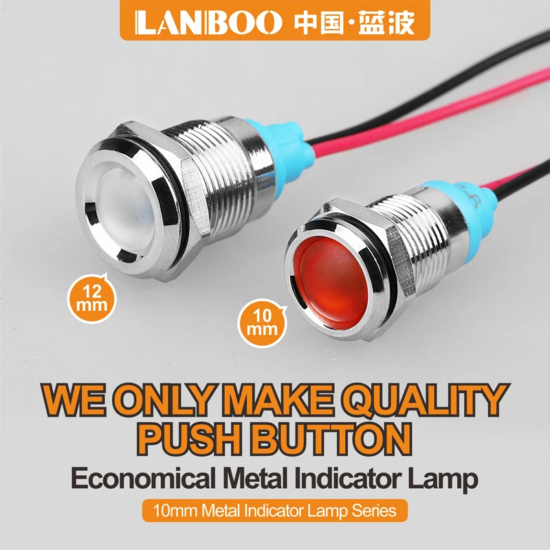 

LANBOO 10mm Metal Flat Round Indicator LED 3-8V 9-24V 220V Single Lamp Colorful with 150mm Cable