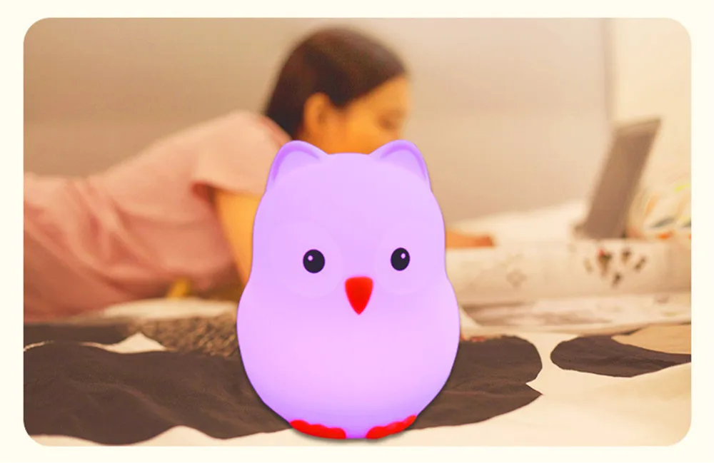 SuperNight Cute Cartoon Owl Bird Hippo LED Night Light Touch Sensor Colorful Silicone Bedside Table Lamp for Children Kids Baby (10)
