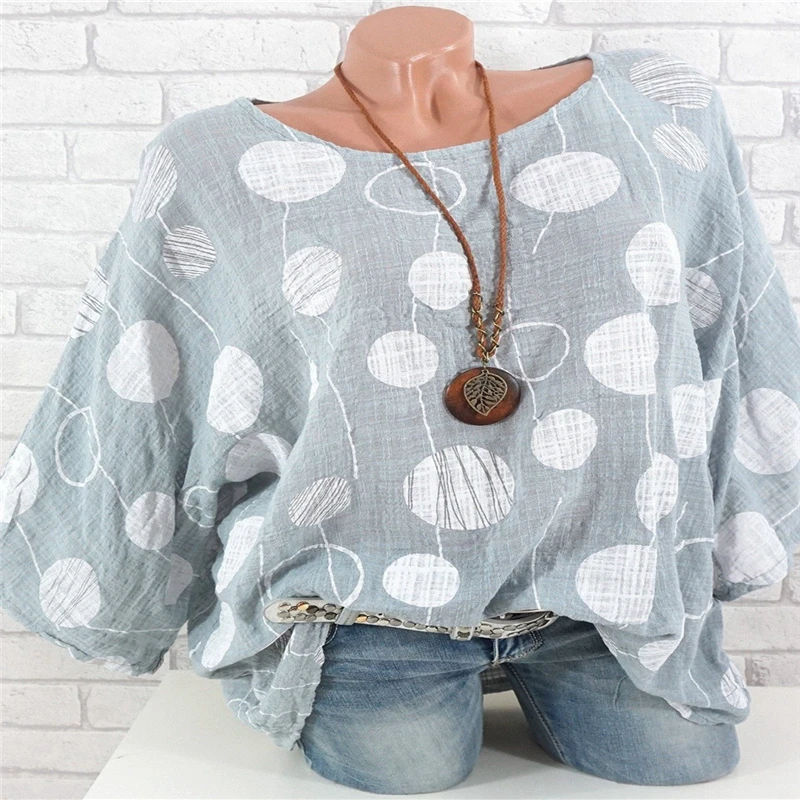 Casual Women Batwing Sleeve Blouse 2019 Summer O Neck Long Shirt Tops Ladies Plus Size Dot Point Print Femme Bluas | Женская одежда