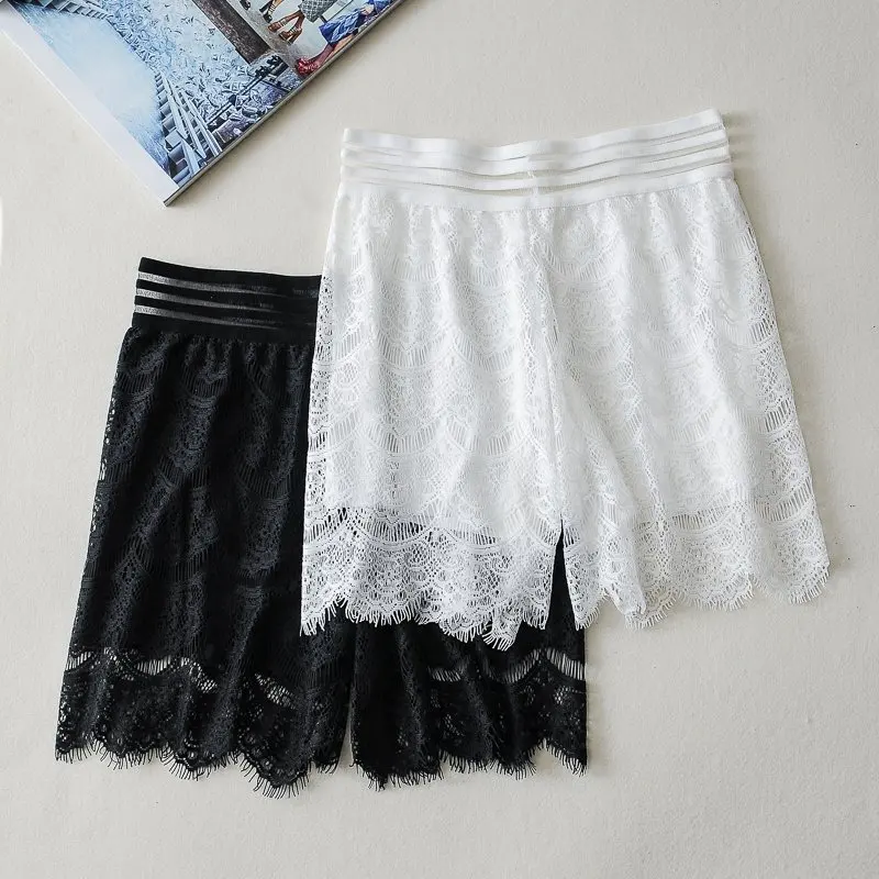 White lace safety pants ladies transparent striped belt summer shorts ...