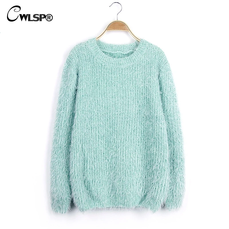 CWLSP Causal Mohair Sweater Women Long Sleeve O neck Autumn Winter Knitted Pullovers  Candy colors Pull Femme Soft Jumper QZ2353