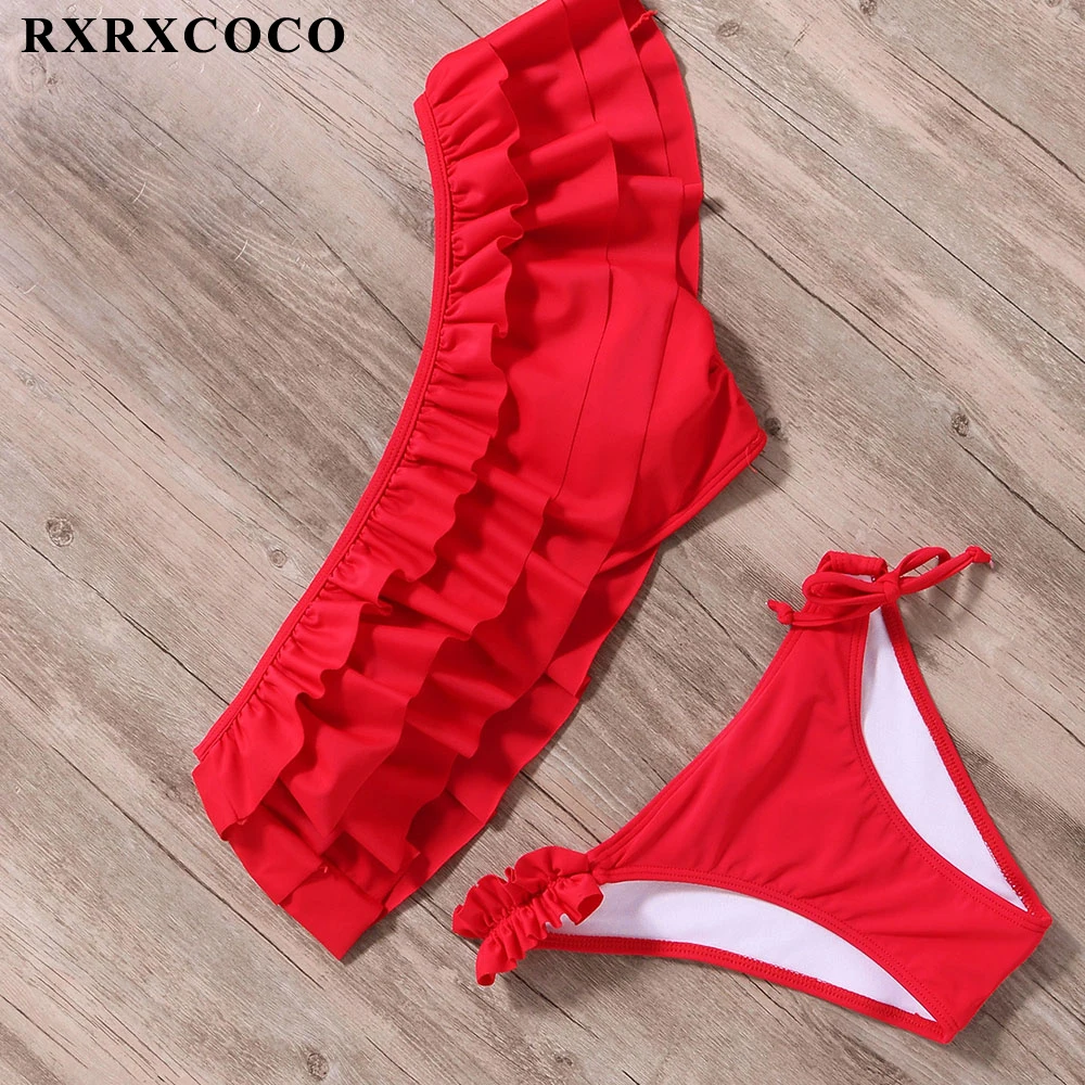 Rxrxcoco бикини с открытыми плечами костюмы рюшами Купальники Для женщин купальник сплошной купальный костюм для Для женщин пикантные пляжная одежда