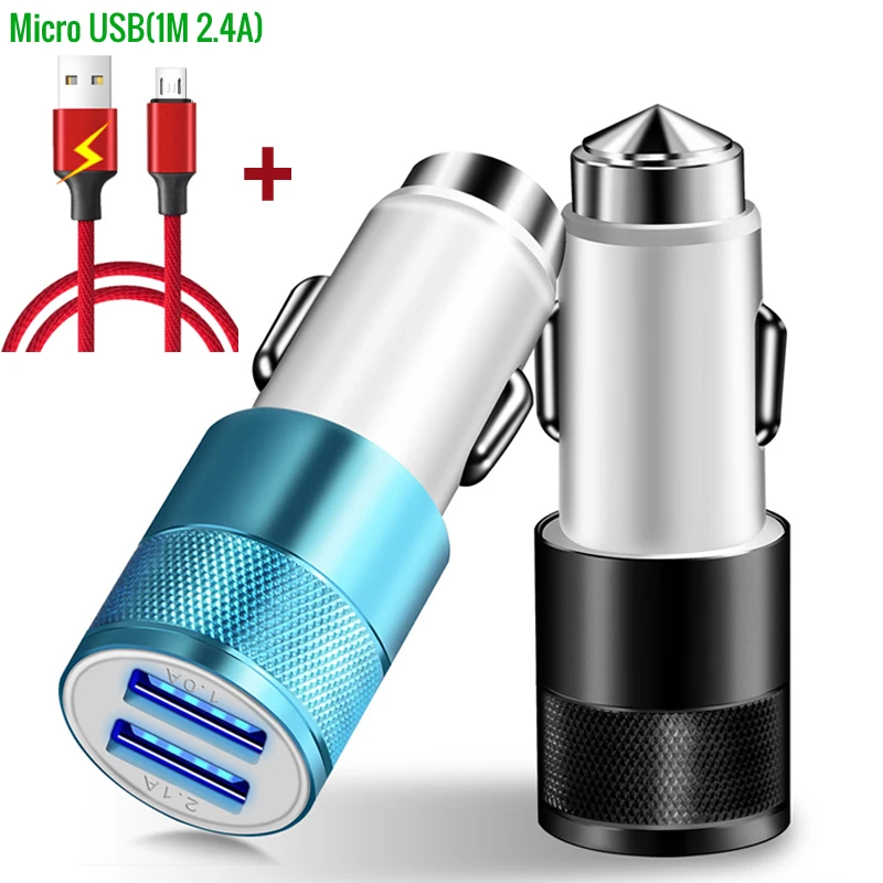 

Aluminium Alloy Dual USB Charging Port Mini Car Smart Charger 5V 2.1A Quick Charging Adapter plus Nylon Micro Data USB Cable