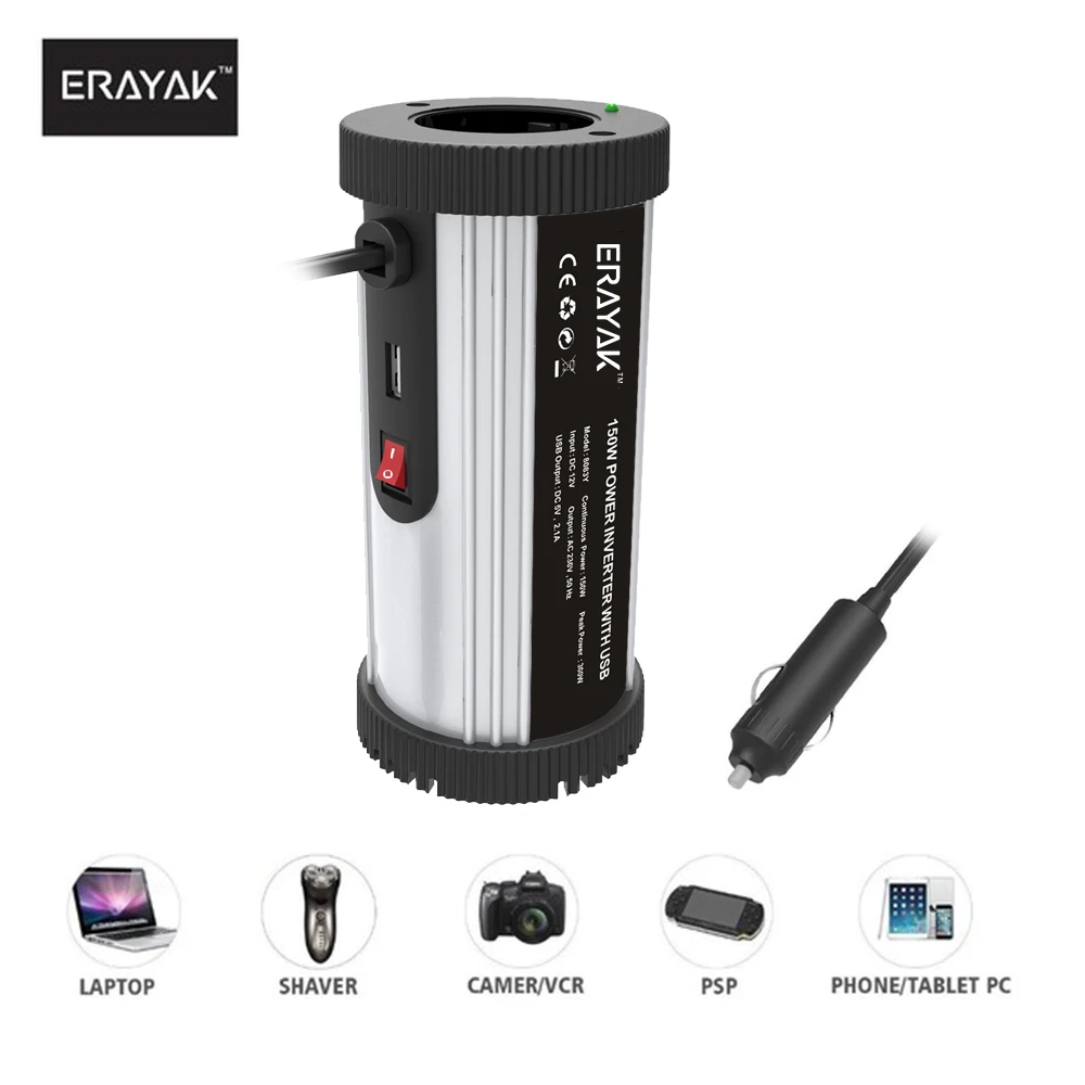 ERAYAK 150W Car Power Inverter DC 12V to AC 220V/230V Onduleur Converter USB Ports and EU Socket Charger Adapter Accessories | Автомобили