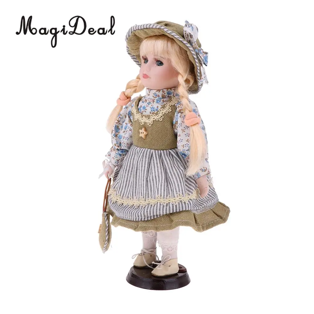 30cm Cute Porcelain Girl Doll People Figure with Green Clothes Set Decor Gift