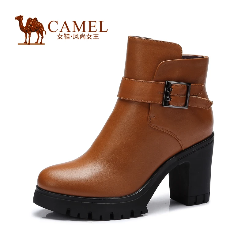 CAMEL ladies boots 2015 new autumn winter cow leather zipper high heel boots women big heel brown black shoes a54058611